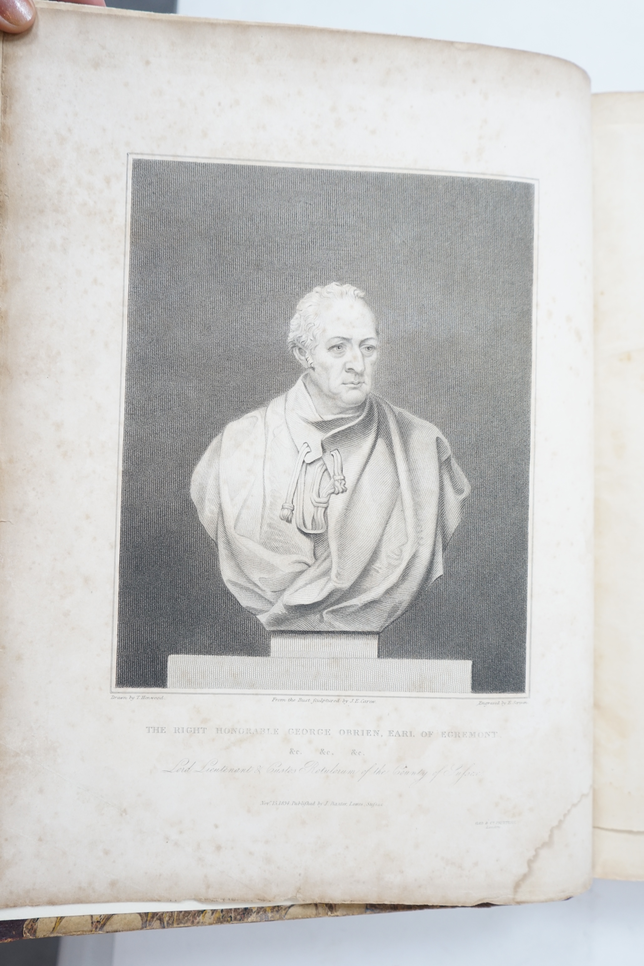 Horsfield, Thomas Walker - The History, Antiquities, and Topography of the County of Sussex, 2 vols, with 7 portraits (one a mezzotint), 2 folded pictorial maps and 49 other engraved maps, gilt ruled half morocco with ma